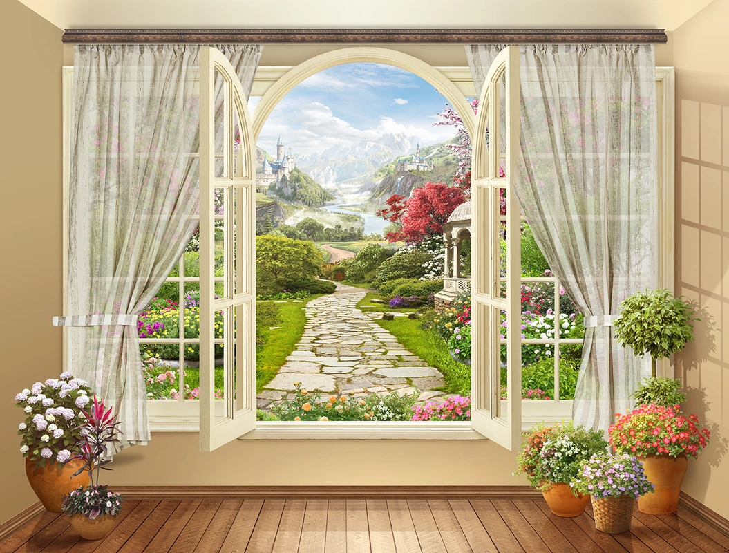 окно, замок, беседка, шторы, горы, гора, цветы, зелень, растительность, зеленые, бежевые