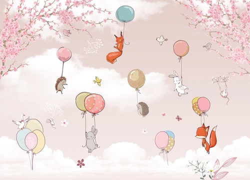 воздушные шарики, небо, зверушки, полёт, деревья, цветы, розовые